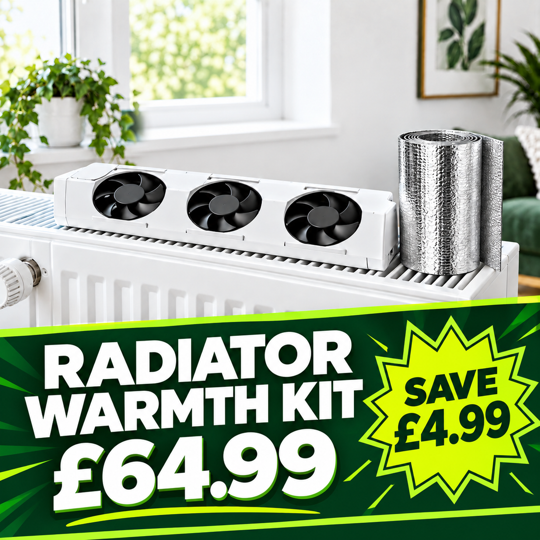 Radiator Warmth Kit | 3-Fan Booster + 5m Reflector Foil