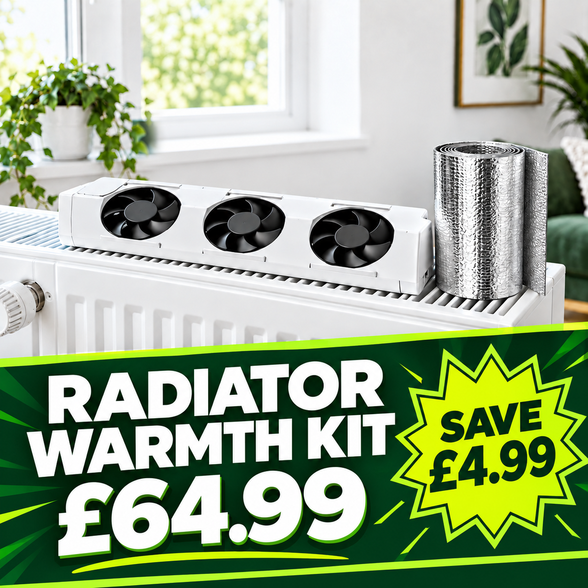 Radiator warmth kit with 3-fan booster and reflector foil
