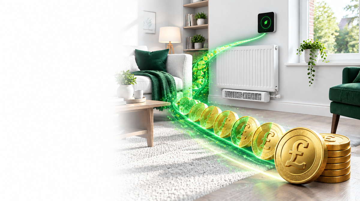 Illustration of green energy turning into pound coins beside heating controls