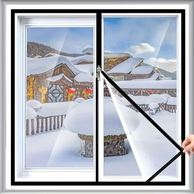 Transparent window insulation cover with dark fastening border, 280 cm high by 110 cm wide