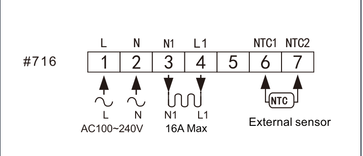 REFERENCE ONLY: V4-series model 716 16A electric heating wiring; electrician must verify supplied unit model and terminal labels