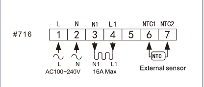 REFERENCE ONLY: V4-series model 716 16A electric heating wiring; electrician must verify supplied unit model and terminal labels